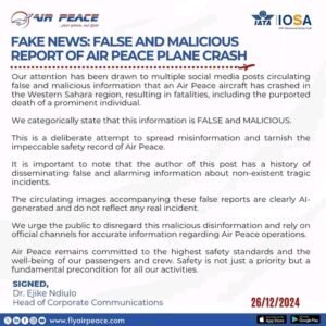 Air Peace official report. 